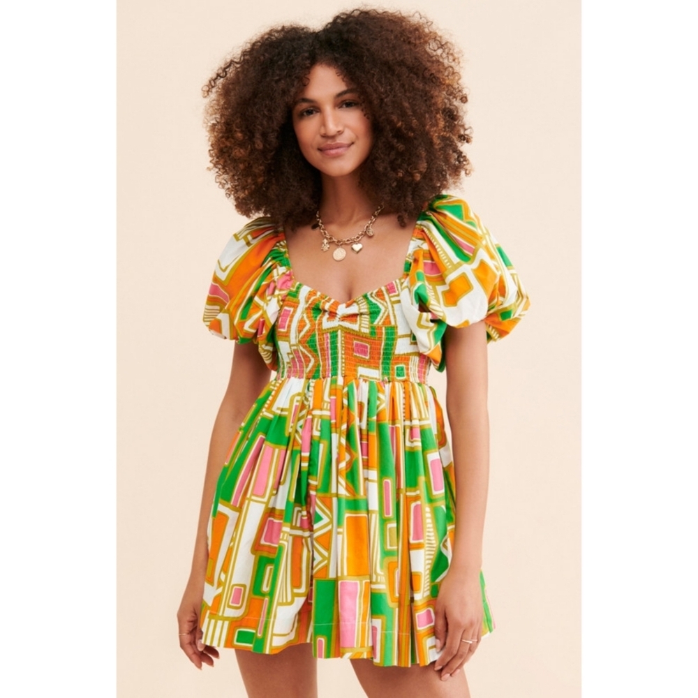 S/W/F Puff Sleeve Smocked Front 100% Cotton Babydoll Mini Dress Size Medium